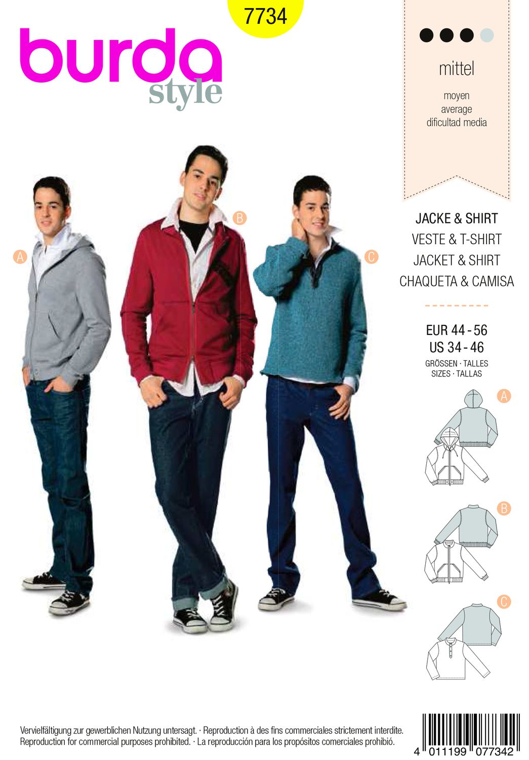 🕺 Burda Style 7734 – Jacka, huvjacka &amp; sweatshirt för herr (stl 44–56)