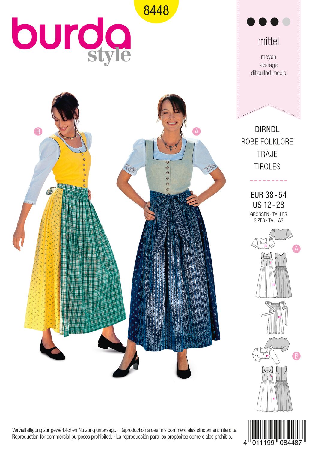 🍺 Burda Style 8448 - Lång Dirndl för dam (stl 38–54)