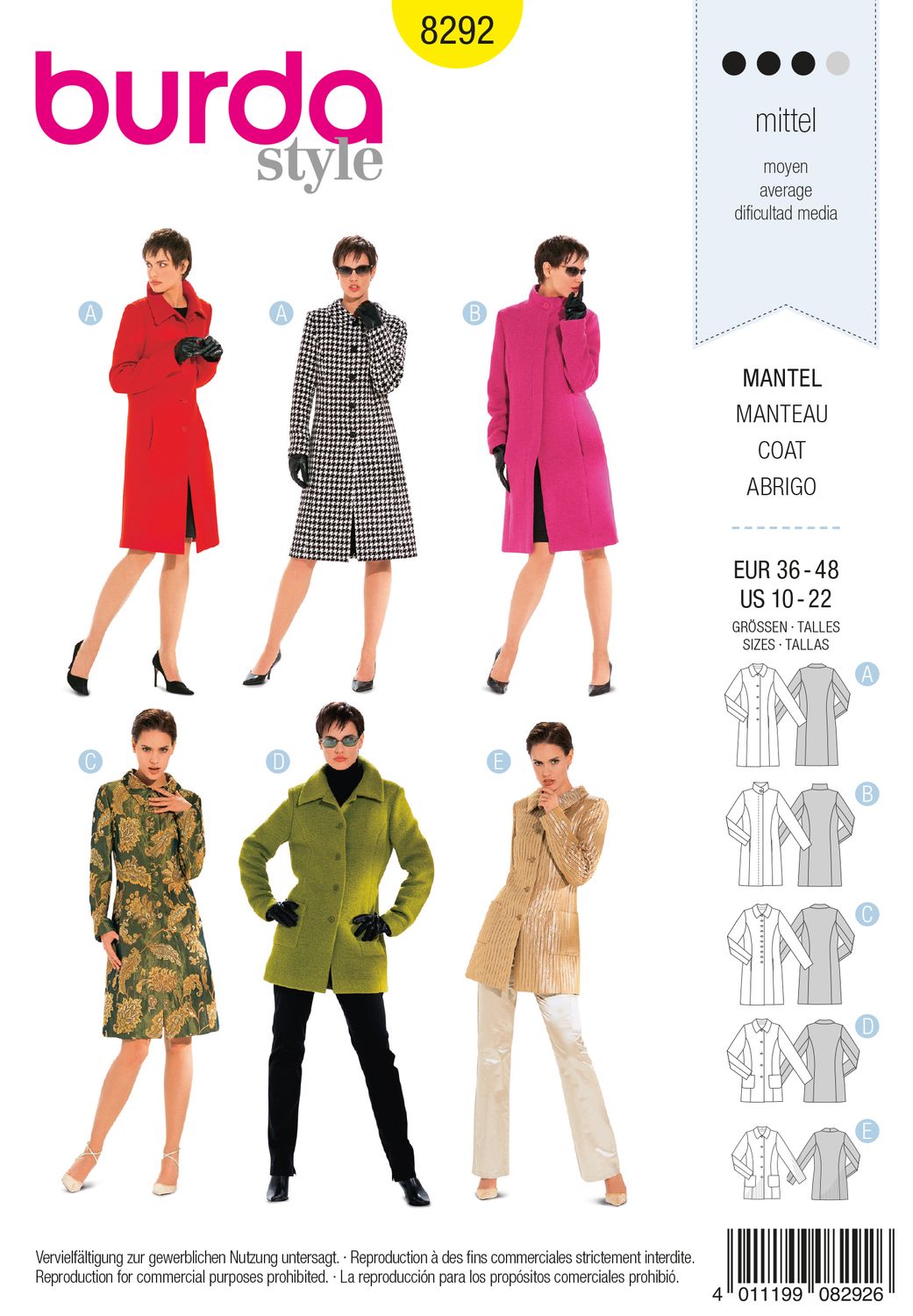 🧥 Burda Style 8292 - Kappa för dam (stl 36–46)