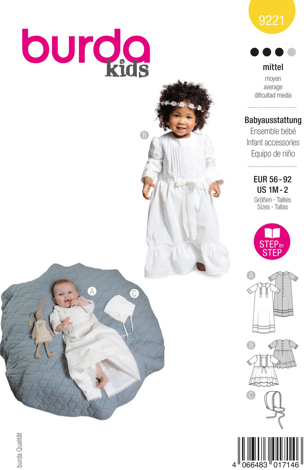 👶 Burda Style 9221 - Babyset med dopklänningar &amp; mössa (stl 56–92)