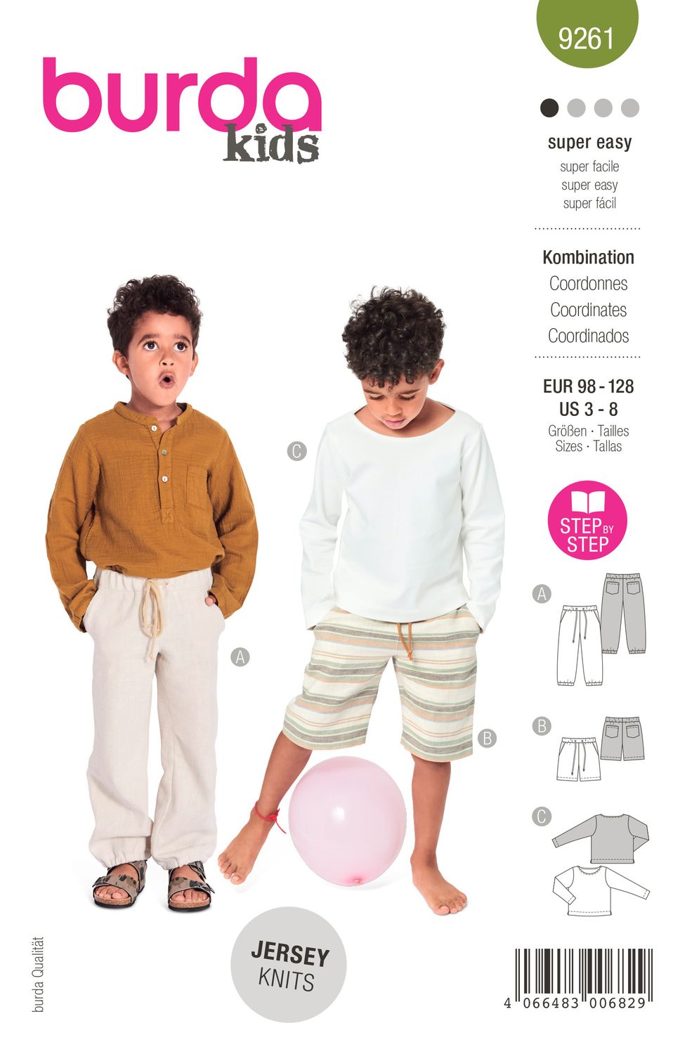 👕 Burda Style 9261 - Set med tröja, byxor &amp; shorts för barn (stl 98–128)