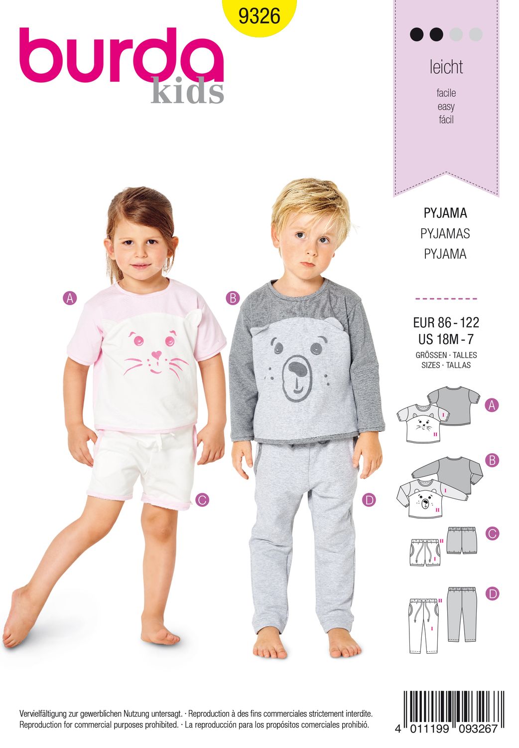 🌙 Burda Style 9326 – Pyjamas för barn (stl 86–122)