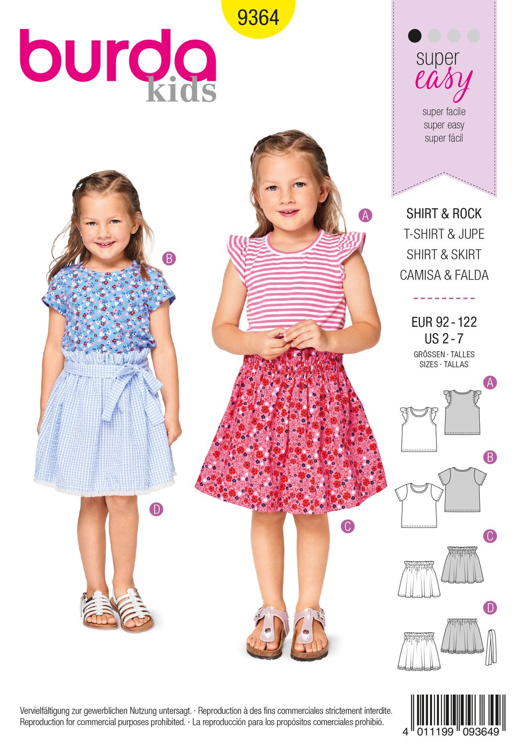 Burda Style 9364 – T-shirt &amp; kjol för flicka (stl 92–122)