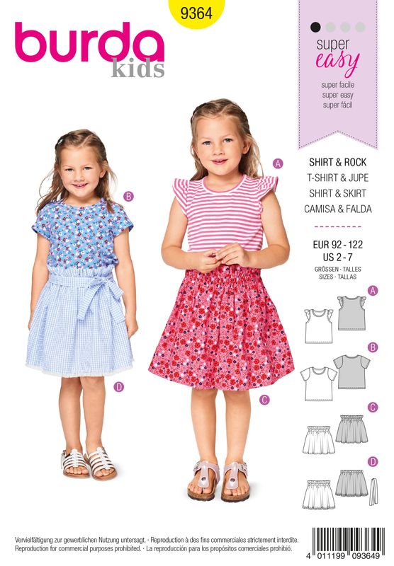 Burda Style 9364 – T-shirt &amp; kjol för flicka (stl 92–122)