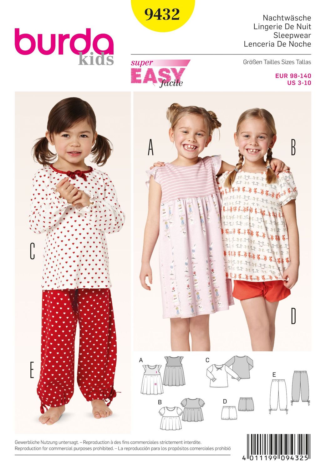 🌙 Burda Style 9432 – Nattkläder för flicka (stl 98–140)