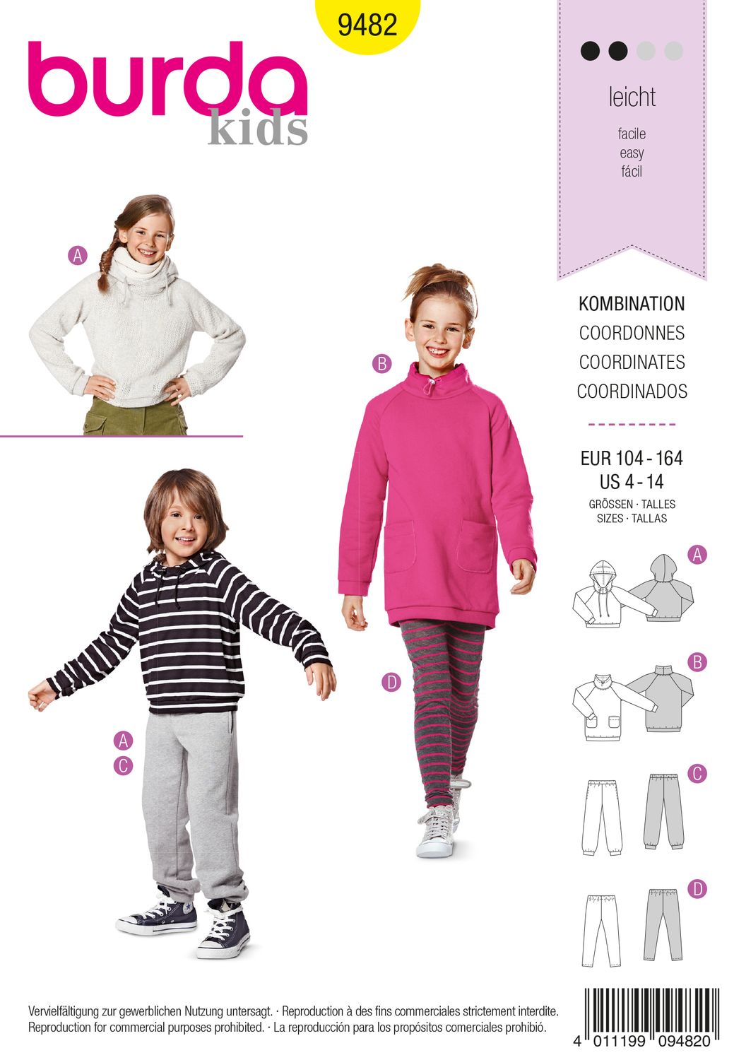🧥 Burda Kids 9482 – Hoodie, Tröjklänning, Joggingbyxor &amp; Leggings (stl 104–164)