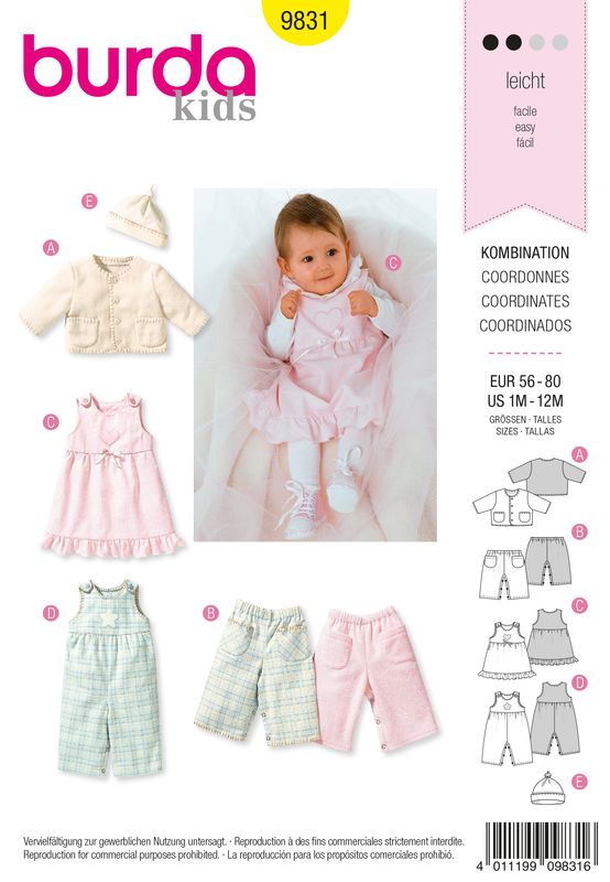 👶 Burda Kids 9831 Jacka, Byxa, Klänning, Jumpsuit &amp; Mössa (stl 56–80)