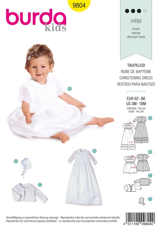 👶 Burda Kids 9804 Dopklänning, Jacka &amp; Hätta (stl 62-86)