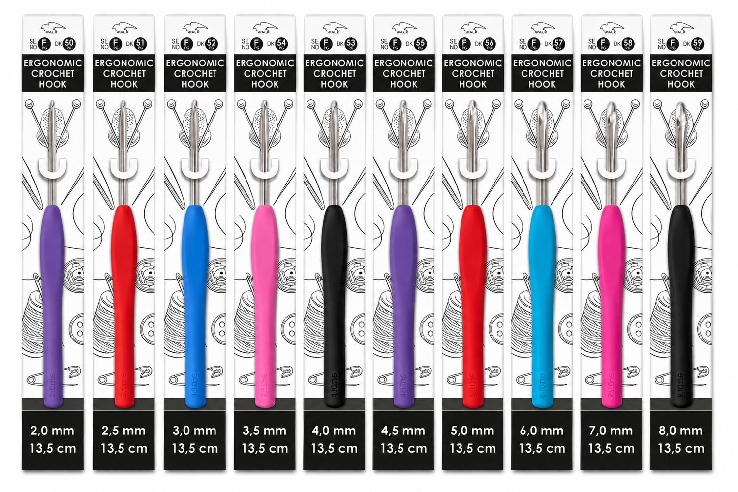 🧶 Falk Ergonomiska Virknålar 13,5 cm – Set med 10 storlekar (2,0–8,0 mm)