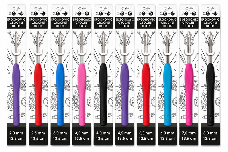 🧶 Falk Ergonomiska Virknålar 13,5 cm – Set med 10 storlekar (2,0–8,0 mm)