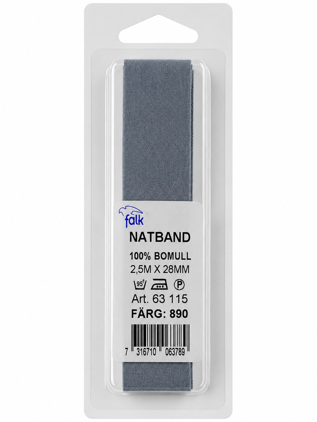🧵 Falk Bomullsband / Natband 2,5 m x 28 mm – Grå (Färg 890)