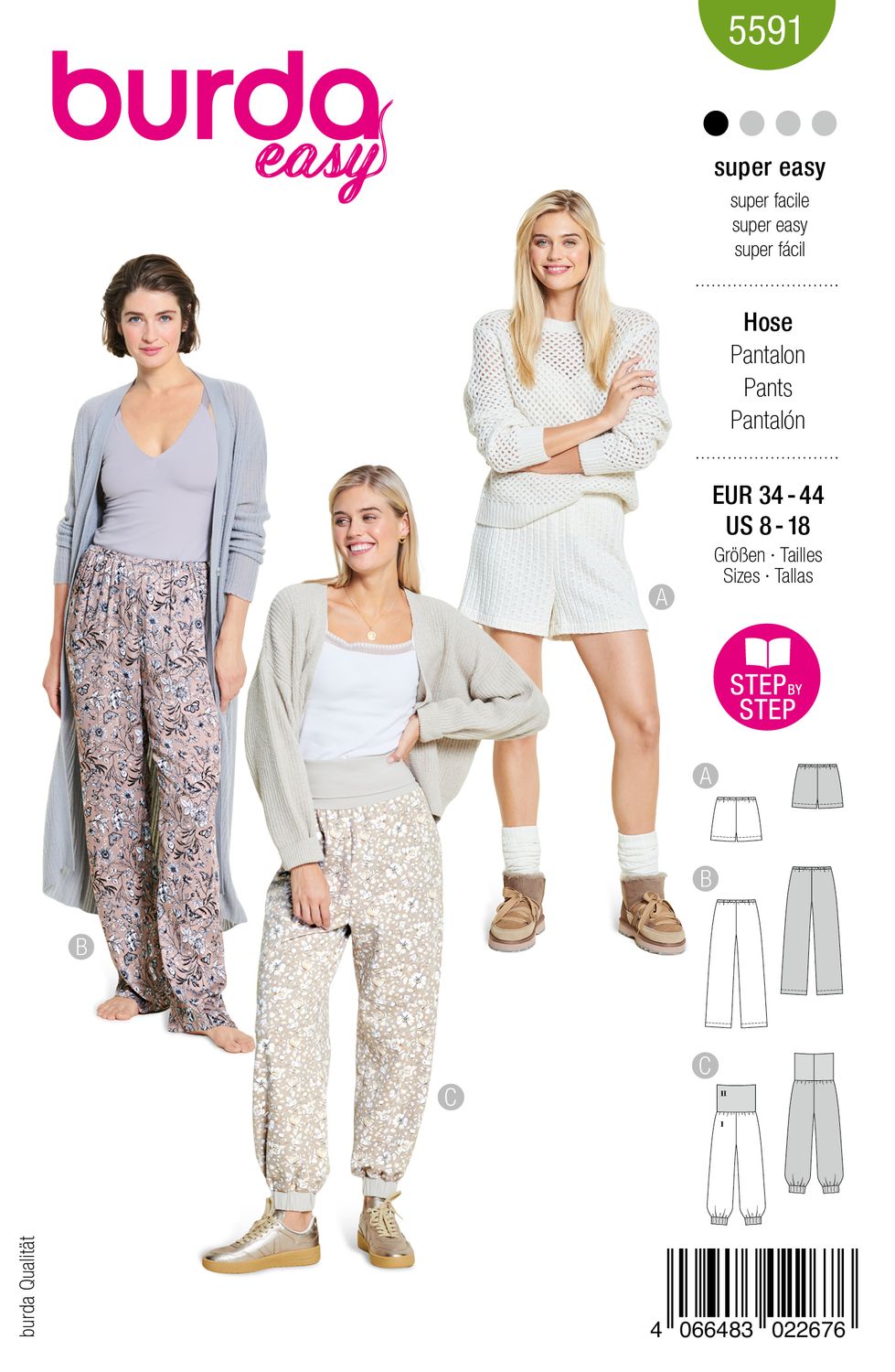 👖 Burda Easy 5591 Loungewear Byxor &amp; Shorts (34–44)