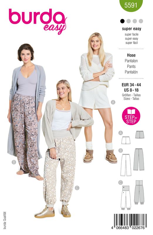 👖 Burda Easy 5591 Loungewear Byxor &amp; Shorts (34–44)