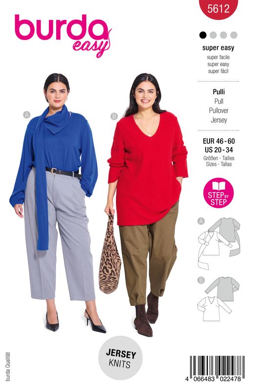 👕 Burda Easy 5612 Pullover med Valfri Schalkrage (46–60)