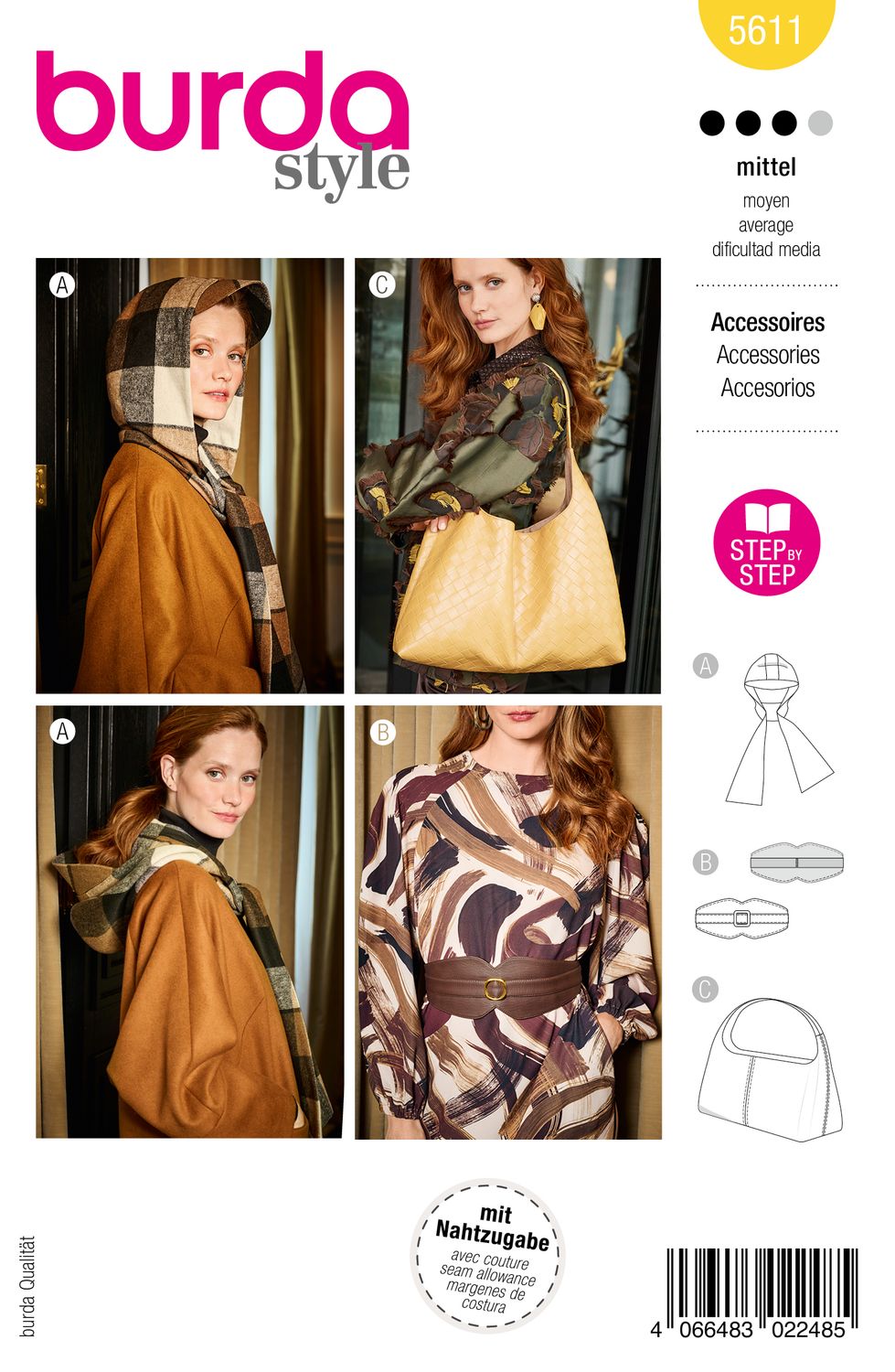👜 Burda Style 5611 Accessoarset – Huvudscarf, Midjeskärp &amp; Väska (One Size)