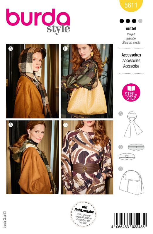 👜 Burda Style 5611 Accessoarset – Huvudscarf, Midjeskärp &amp; Väska (One Size)