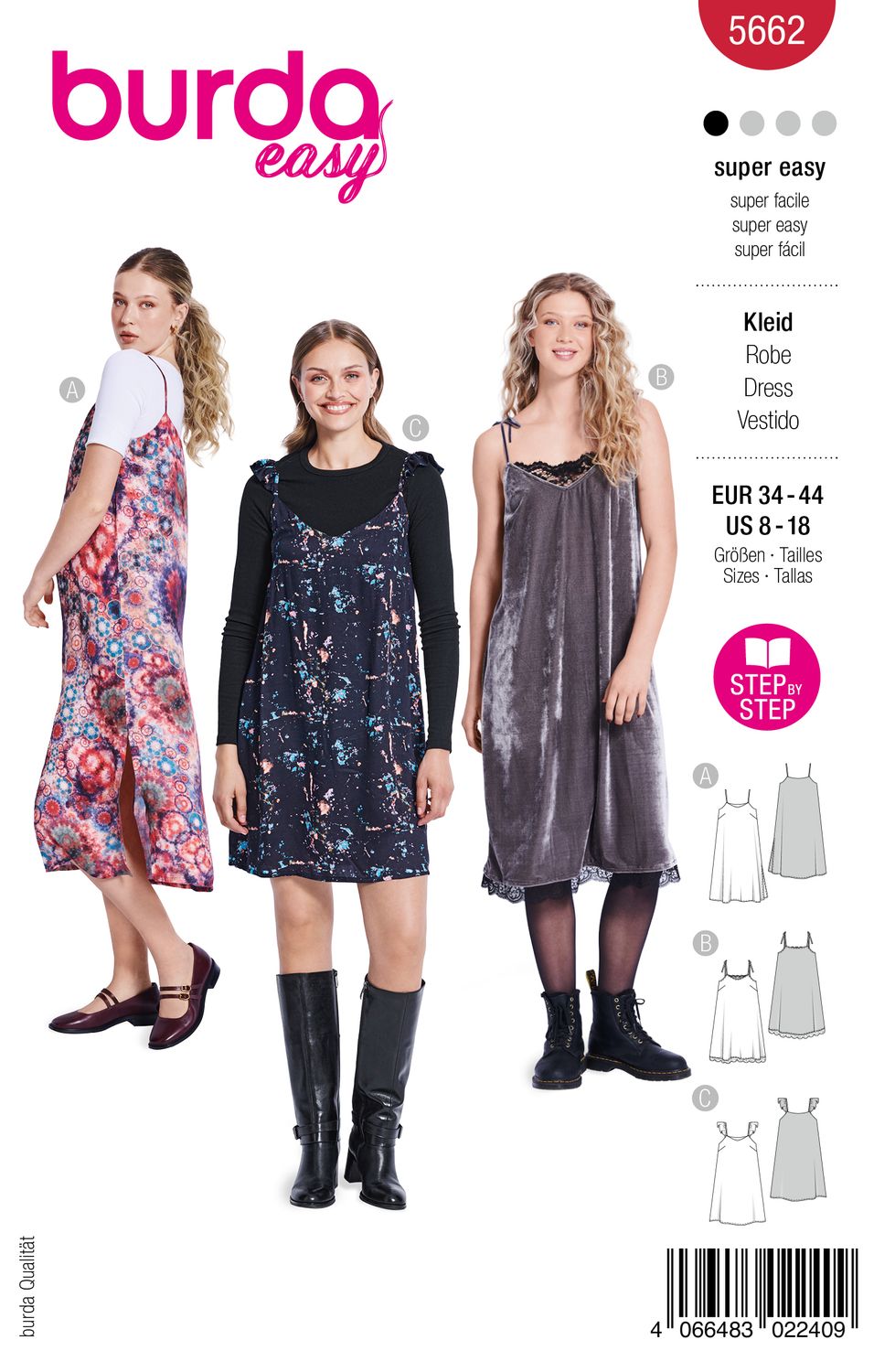 👗 Burda Easy 5662 Axelbandsklänningar i 3 Varianter (34–44)