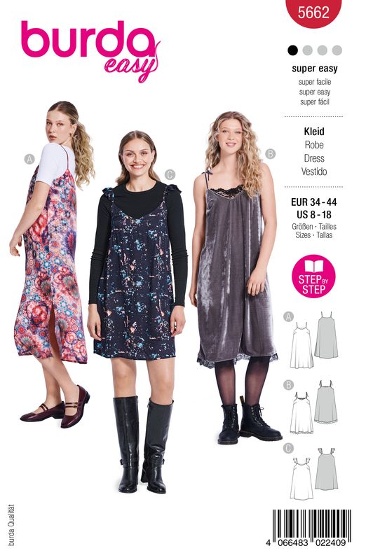 👗 Burda Easy 5662 Axelbandsklänningar i 3 Varianter (34–44)