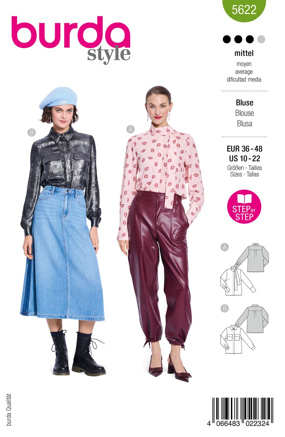 👚 Burda Style 5622 Blus med Slipskrage &amp; Skjortblus (36–48)