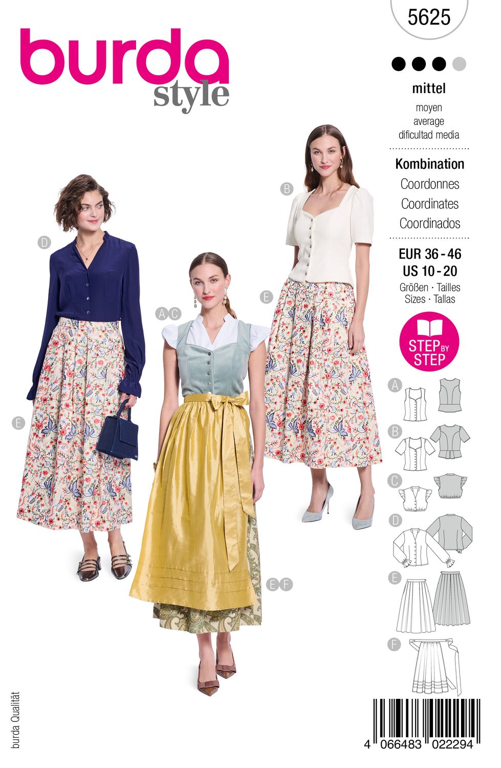 👗 Burda Style 5625 Folkdräkt (Dirndl) med Livstycke, Blusar, Midikjol &amp; Förkläde (36–46)