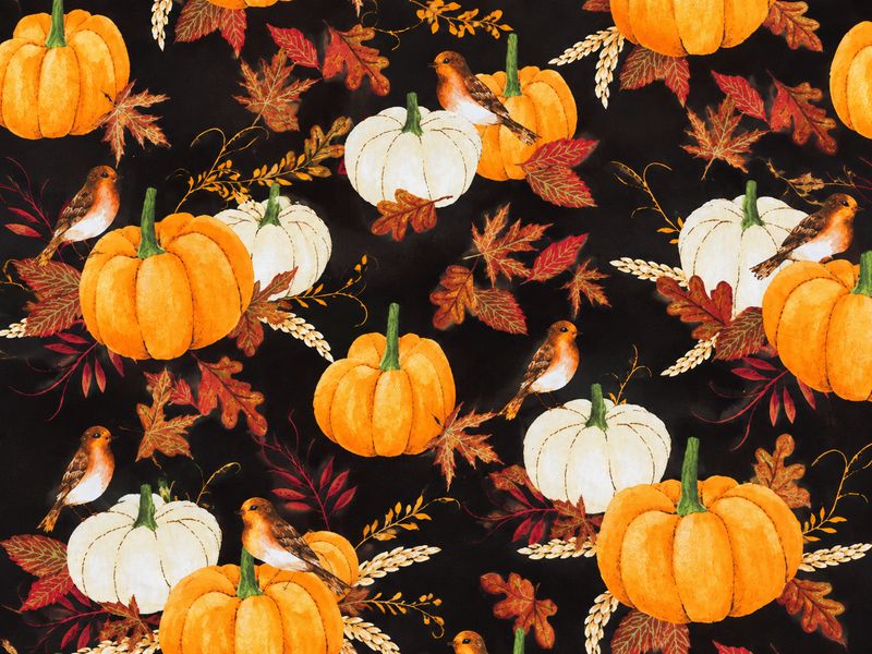 🎃 Stuvbit Lappteknikstyg Pumpkin Spice – Pumpor &amp; fåglar, ca 1,90 m