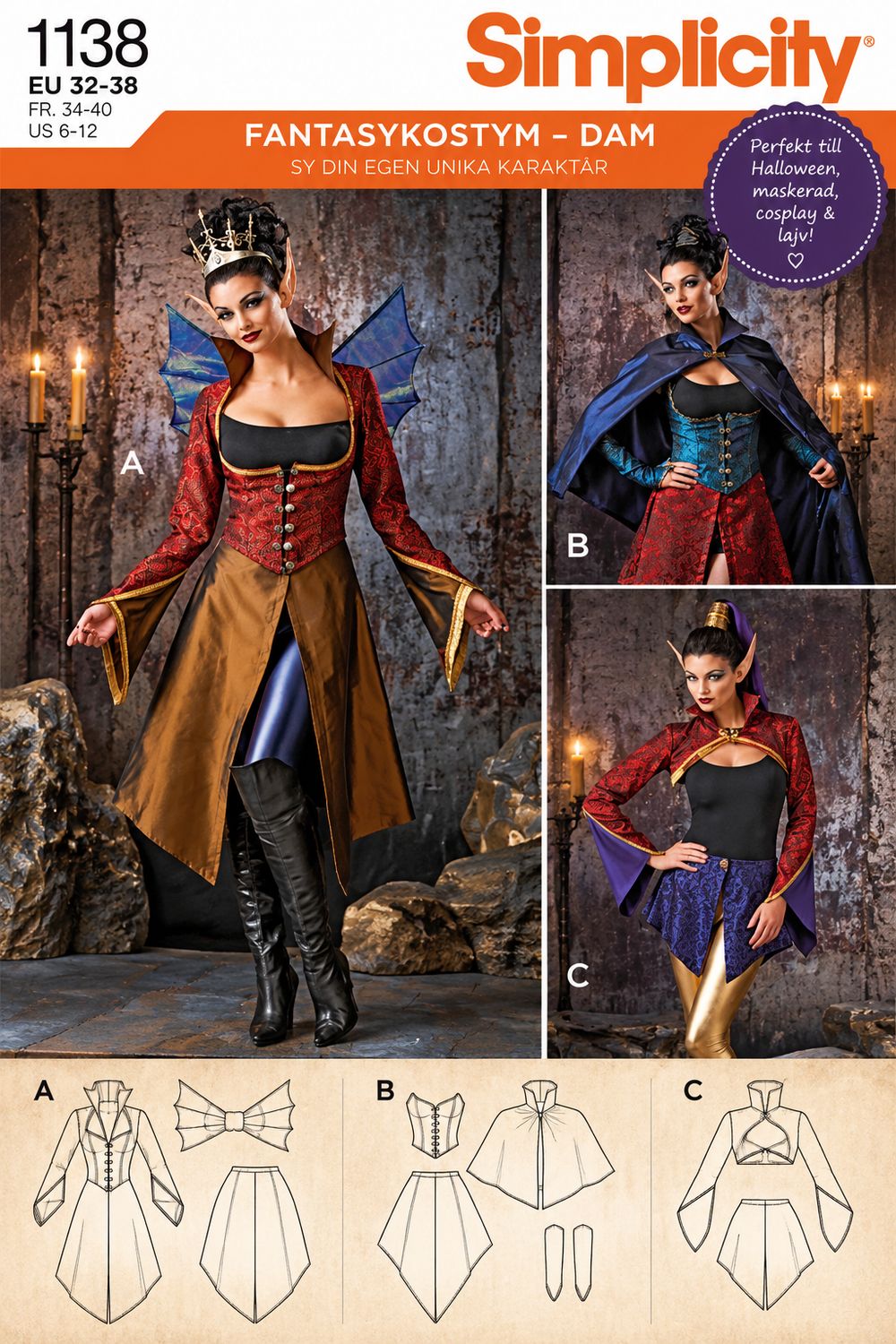 🧙‍♀️ Simplicity 1138 – Fantasy- &amp; sagokostym dam – storlek 32–38