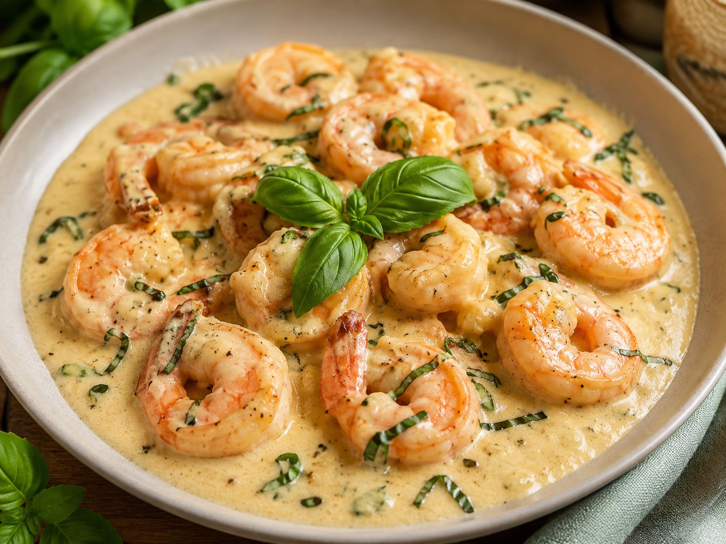 Camarón en salsa de Queso y Albahaca