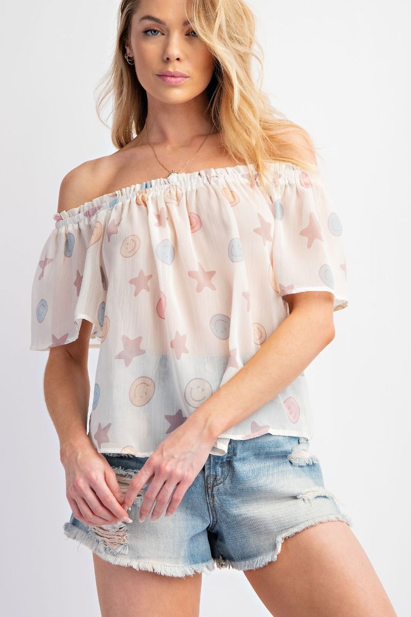 Smiley Face Ruffle Chiffon Blouse