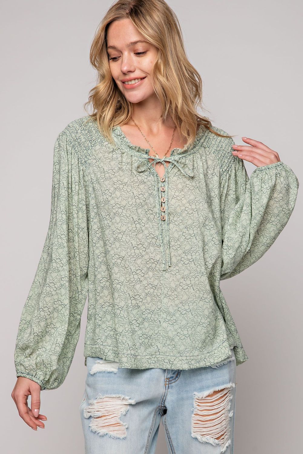 Crepe Button Front Printed Ballon Sleeve Blouse