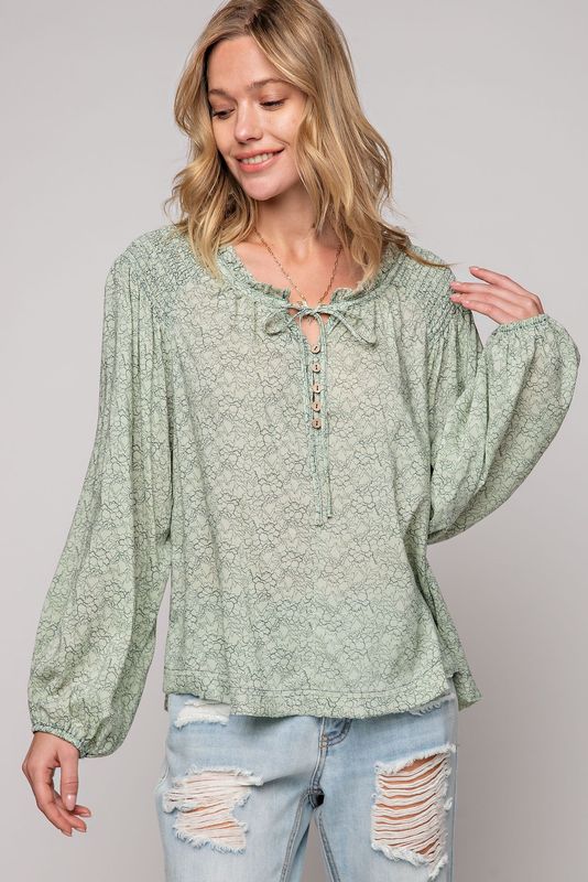 Crepe Button Front Printed Ballon Sleeve Blouse