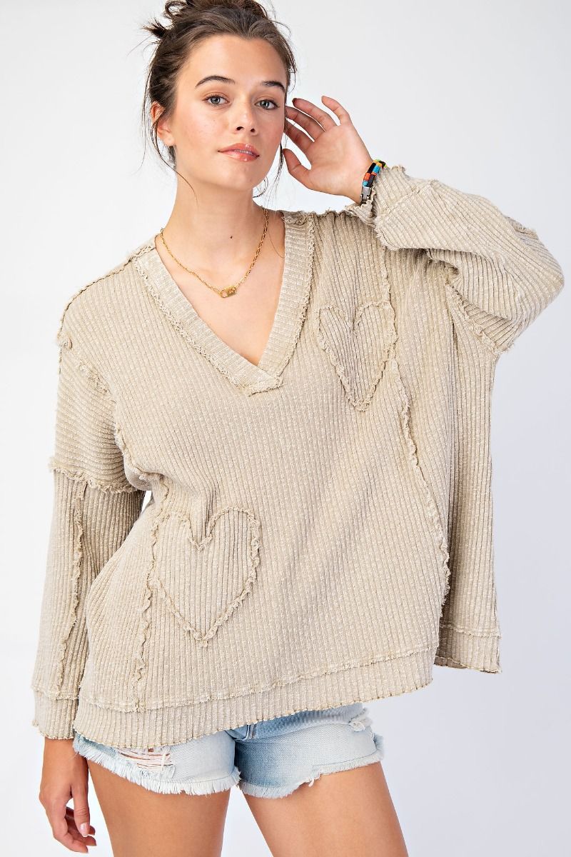 Heart Patch Rib Knit Pullover Top