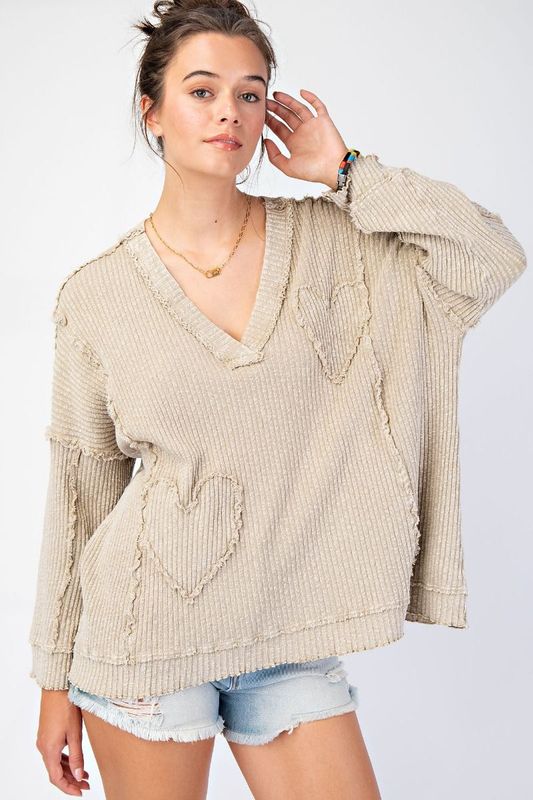 Heart Patch Rib Knit Pullover Top