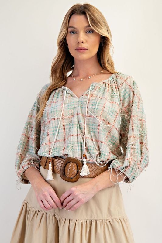 3/4 Slv. Distressed Plaid Blouse