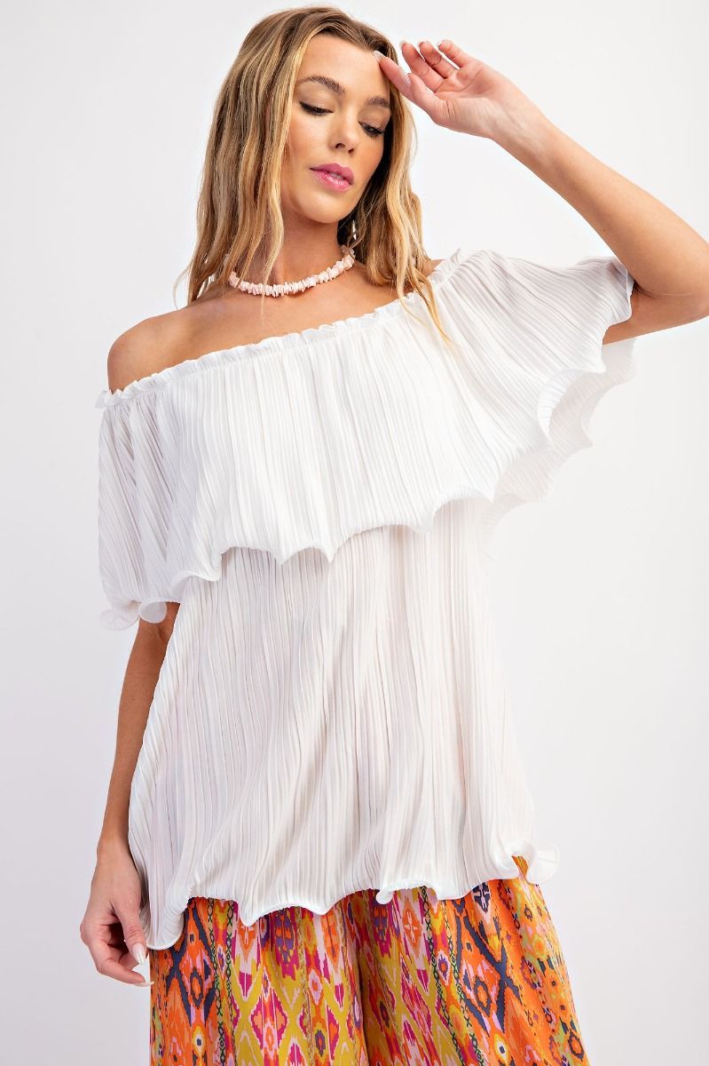 Satin Ruffled &amp; Pleated Off The Shoulder Top