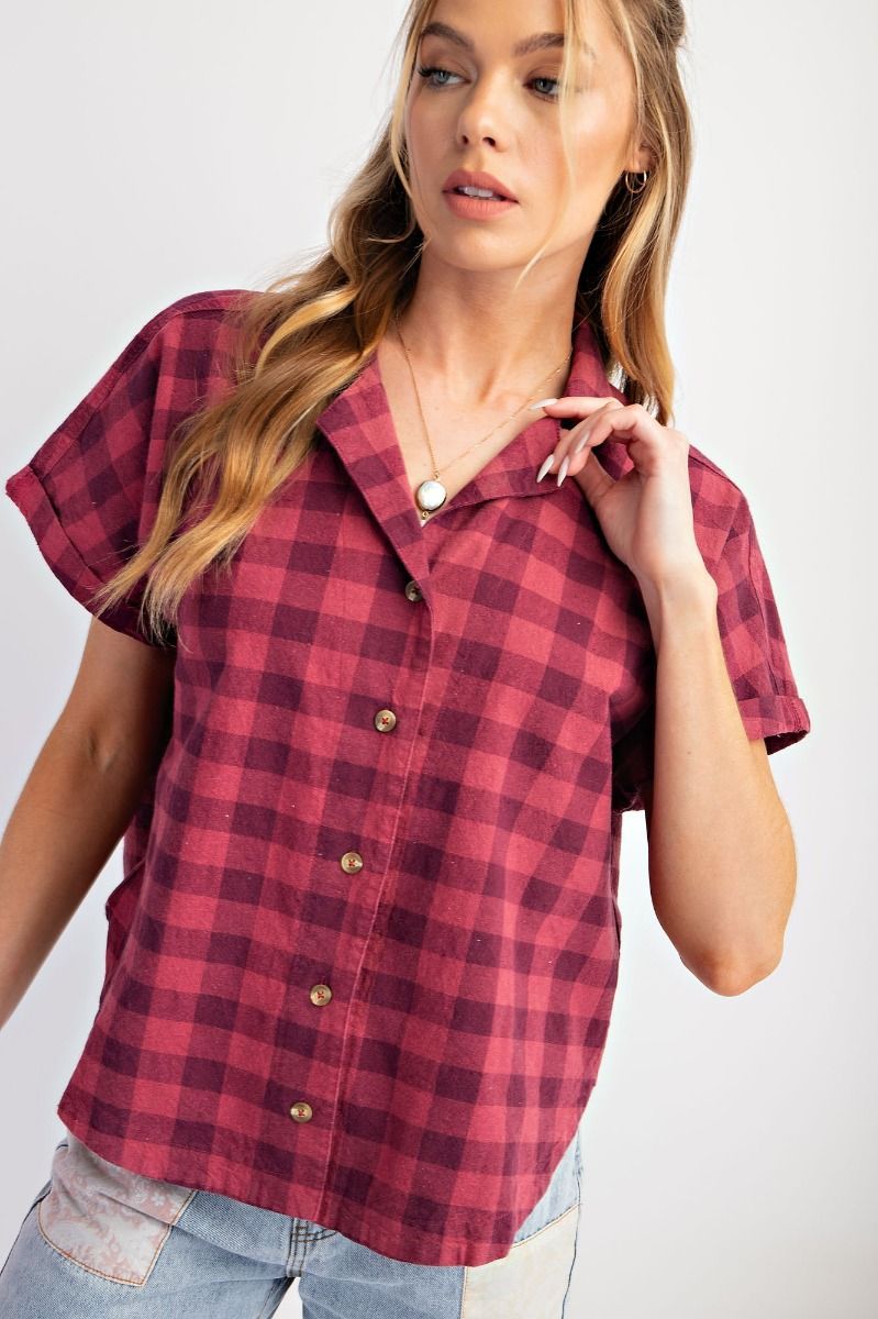 Gingham Print Button Down Short Slv. Top