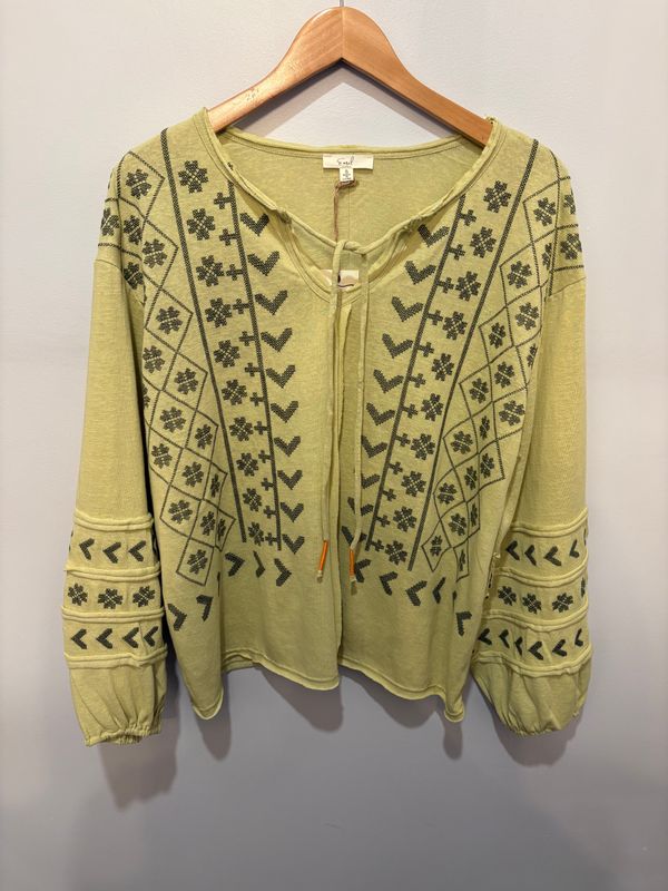 Embroidery Detail Balloon Sleeve Tie Blouse