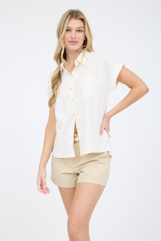 Collared Button Down Short Roll Sleeve Shirt 