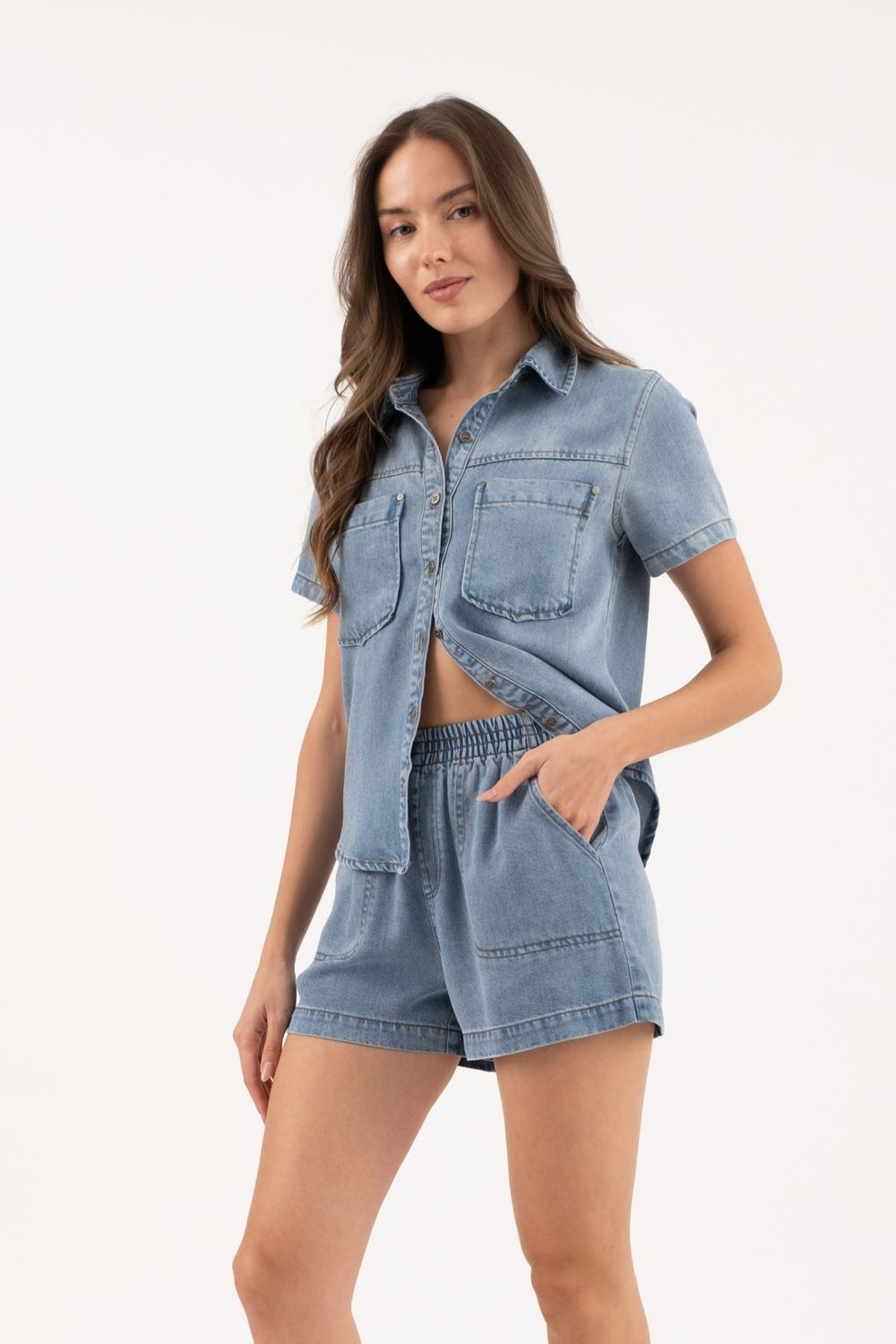 Denim Collared Short Sleeve Button Down Shirt