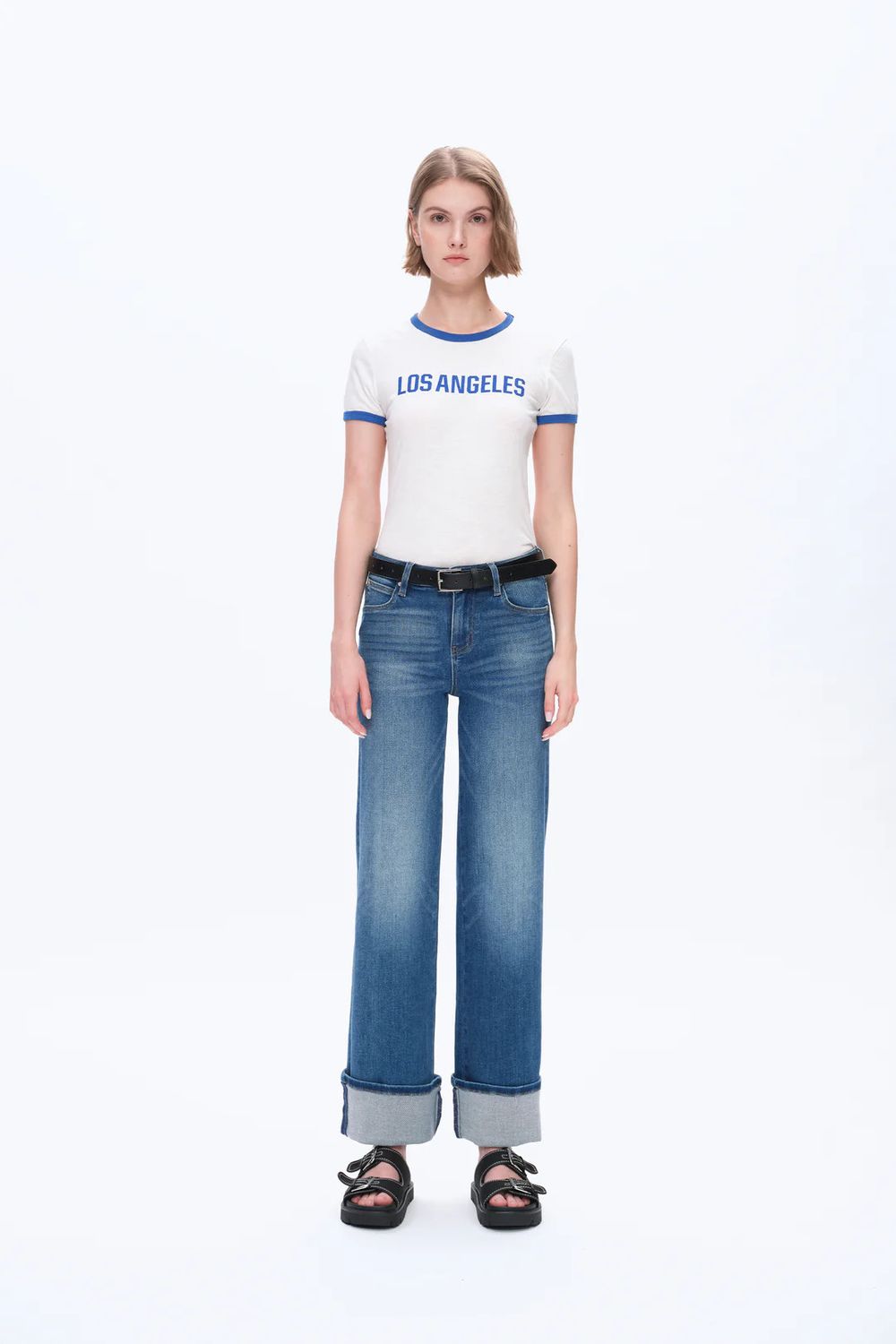 BAYEAS Mid Rise Straight Rolled Leg Denim Jeans