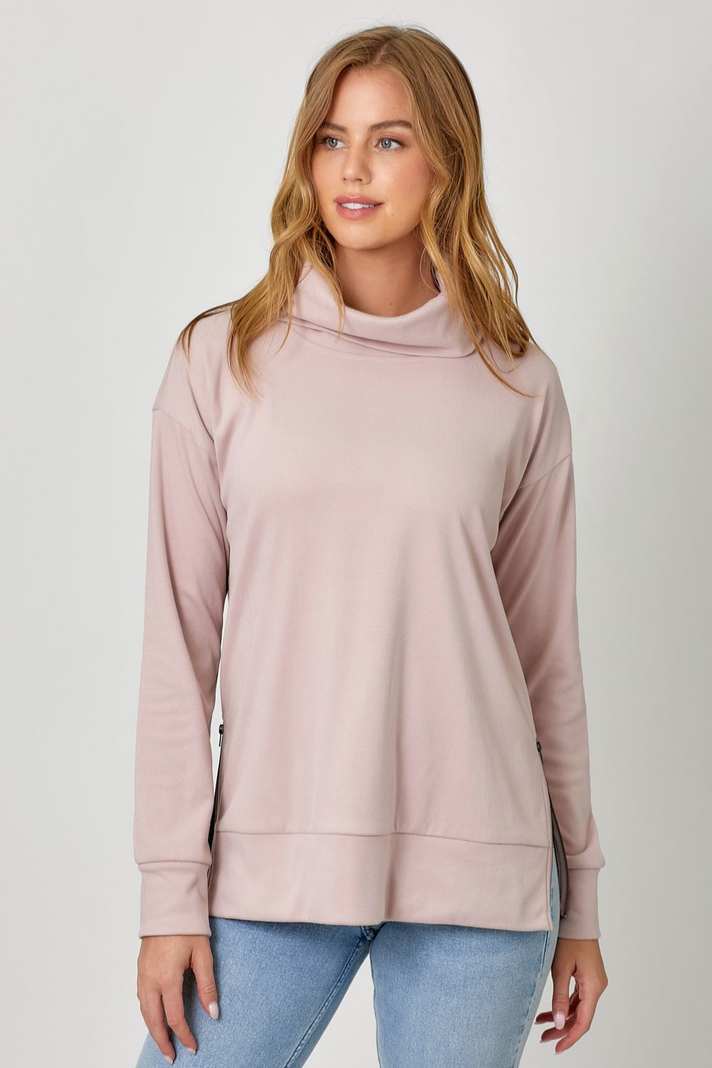 Brushed Knit Turtleneck Sweatshirt w/ Side Zip Detail