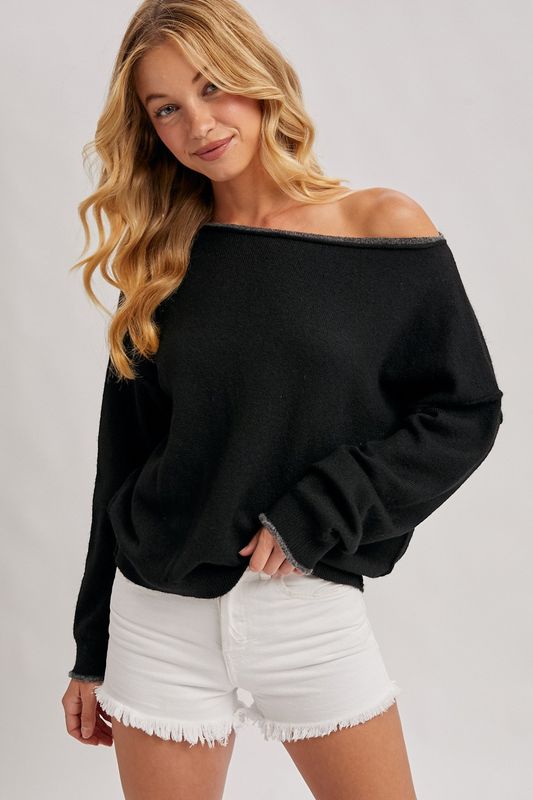 Boat Neck Rolled Trim Soft Heathered Knit Pullover