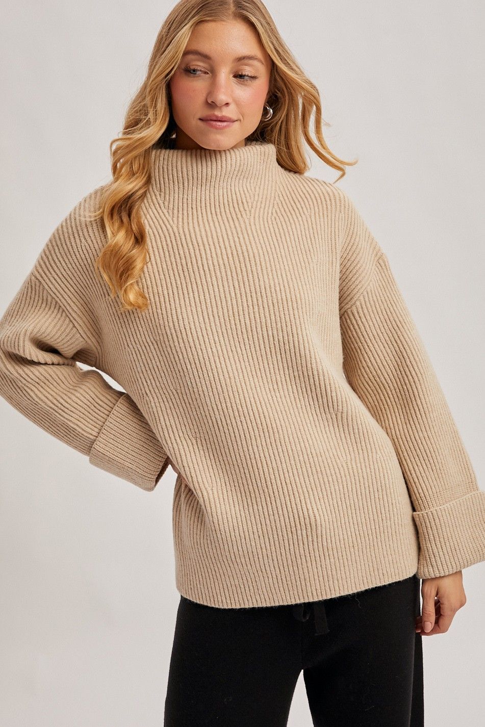 Funnel Neck Oversized Ribbed Pullover