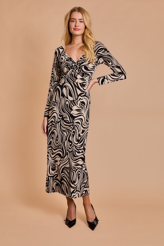 Front Twist Abstract Print Long Sleeve Dress