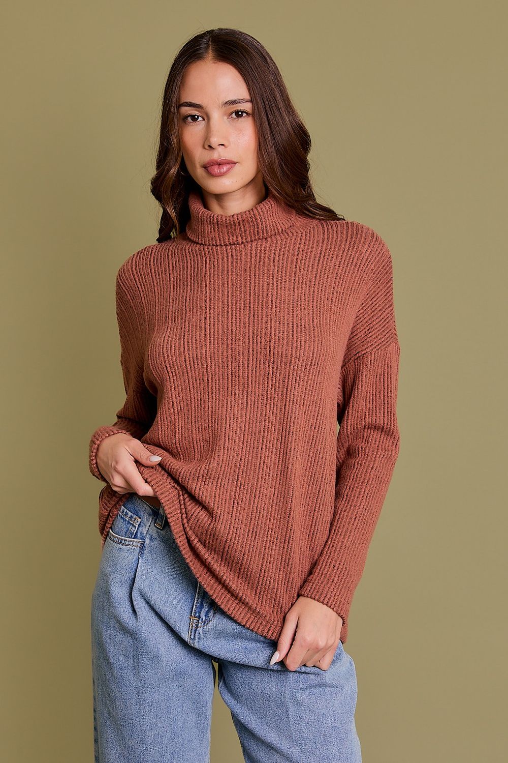 Long Sleeve Texture Knit Turtle Neck Top
