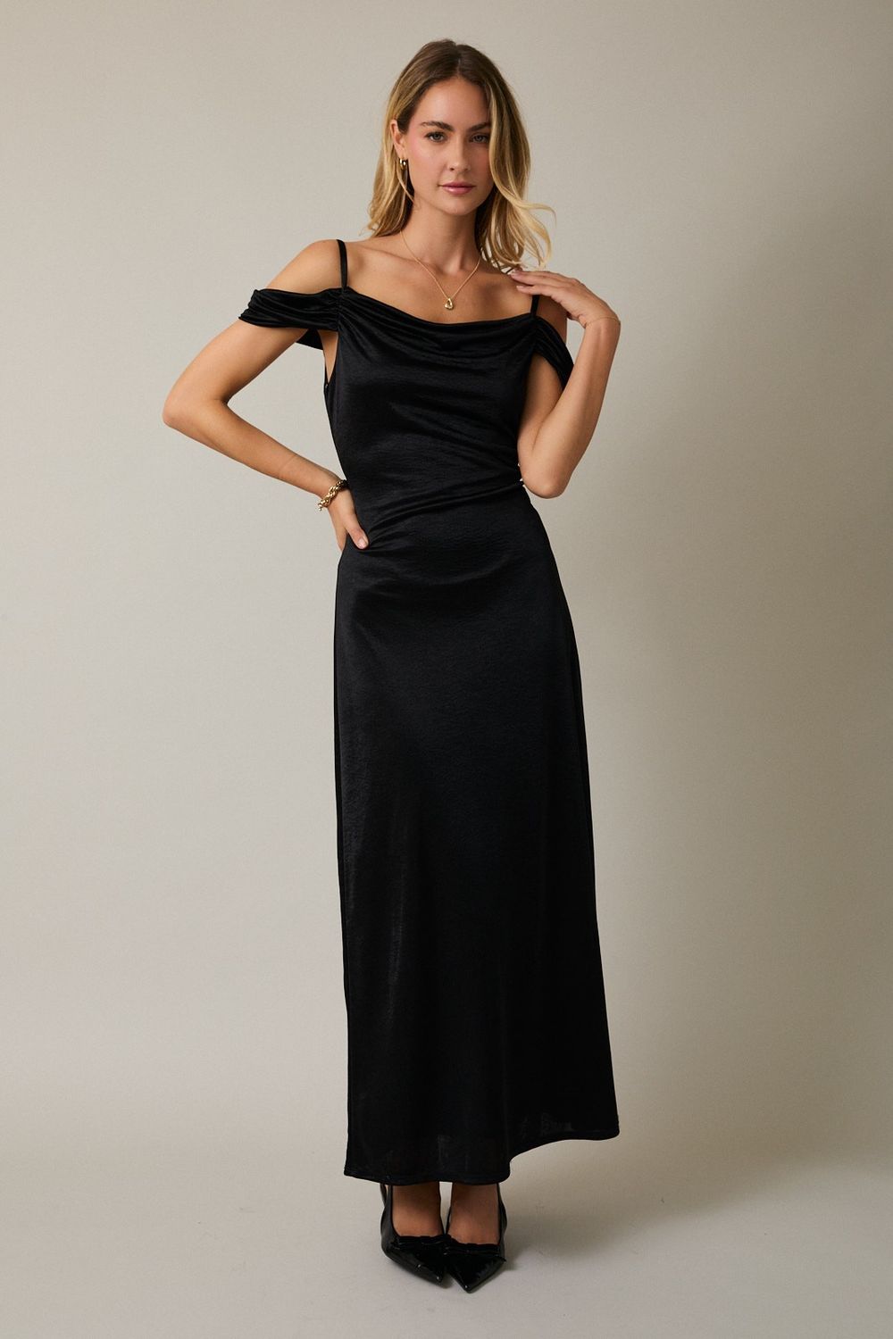 Cowl Neck Strap Short Sleeve Maxi Dress