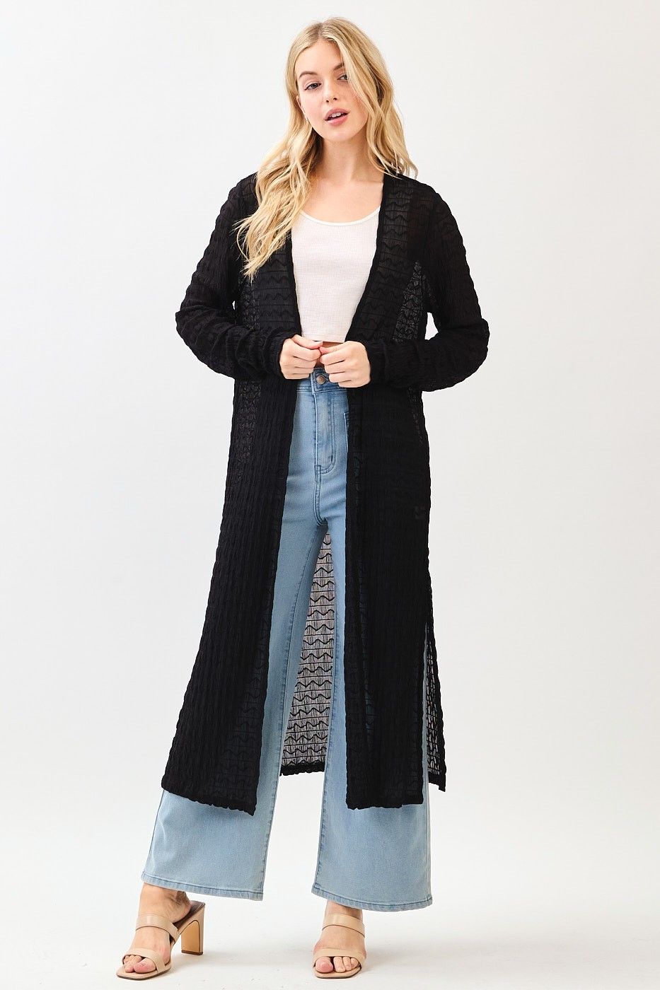 Textured Sheer Side Slit Maxi Cardigan