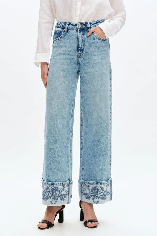 Flora Embroidered Cuff HR Wide Leg Jeans | BAYEAS