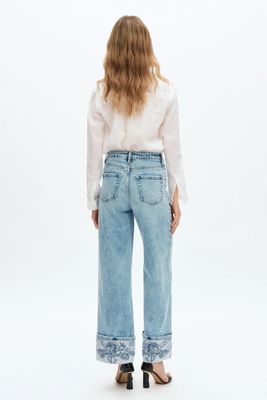 Flora Embroidered Cuff HR Wide Leg Jeans | BAYEAS