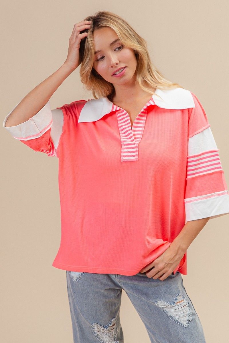 Collared &amp; Stripe Combo Thermal Knit Top