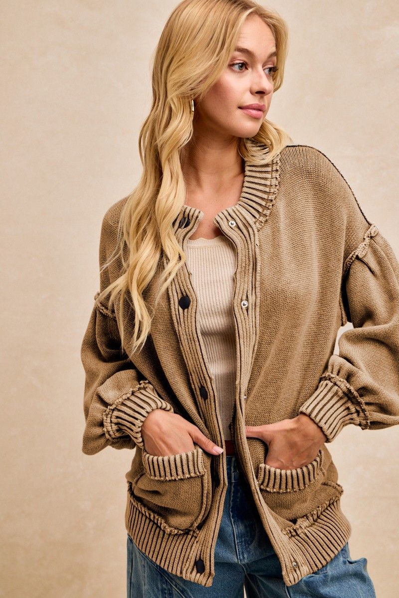 Vintage Wash Ribbed Banded Cotton Sweater Cardigan 